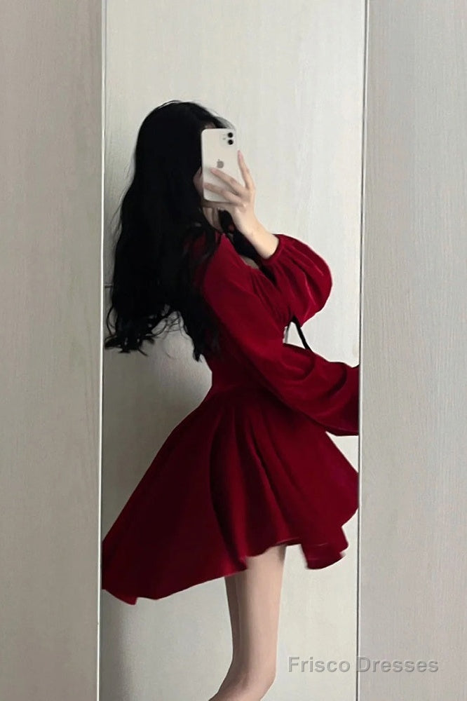 chinese dress ladies Chic A Line Square Neckline Long Sleeves Red Velvet Party Dress Birthd –  Frisco Dresses
