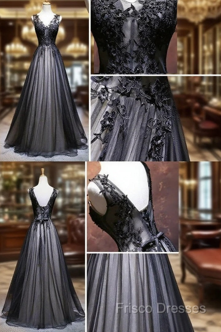 Chic A-Line V-Neck Floor Length Tulle Black Applique Long Formal Prom Dress Formal Dress Main image