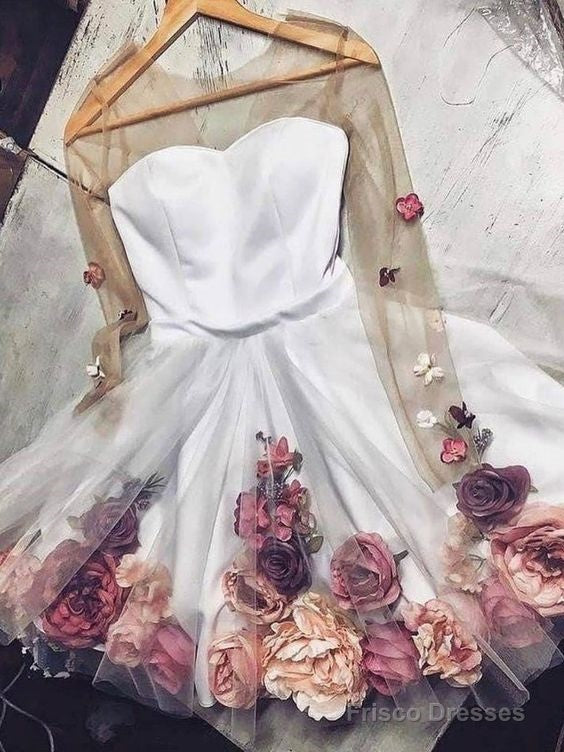 Chic A-Line V Neck Hand-Made Flower Homecoming Dresses Unique Short Dress Long Sleeve Homecoming Dresses