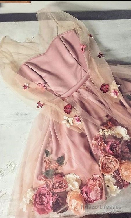Chic A-Line V Neck Hand-Made Flower Homecoming Dresses Unique Short Dress Long Sleeve Homecoming Dresses