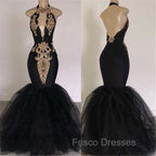 Chic Backless Formal Prom Dress with Gold Appliques Mermaid Halter Evening Gowns with Keyhole