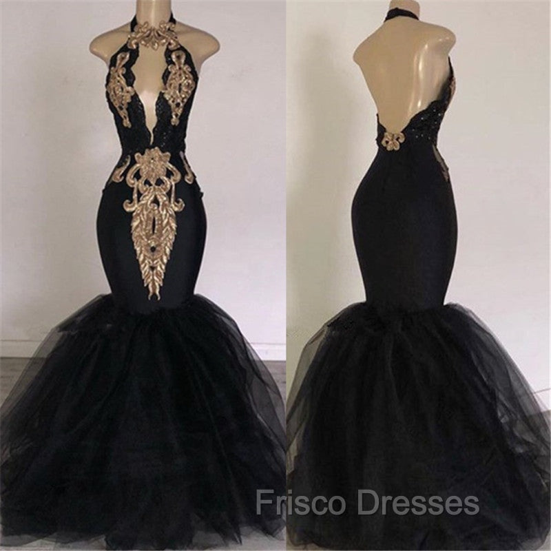 Chic Backless Formal Prom Dress with Gold Appliques Mermaid Halter Evening Gowns with Keyhole