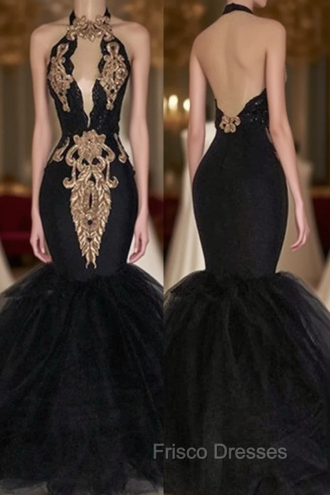 Chic Backless Formal Prom Dress with Gold Appliques Mermaid Halter Evening Gowns with Keyhole