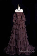 Chic Ball Gown Off The Shoulder Long Sleeves Evening Dress Tulle Long Formal Prom Dress