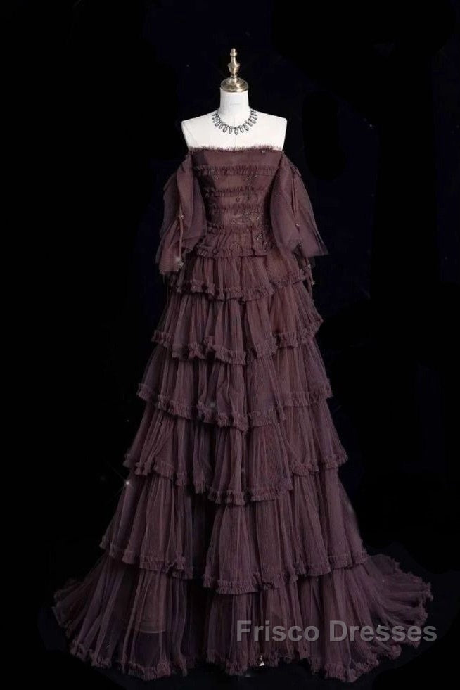 Chic Ball Gown Off The Shoulder Long Sleeves Evening Dress Tulle Long Formal Prom Dress