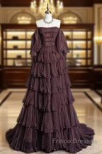Chic Ball Gown Off The Shoulder Long Sleeves Evening Dress Tulle Long Formal Prom Dress