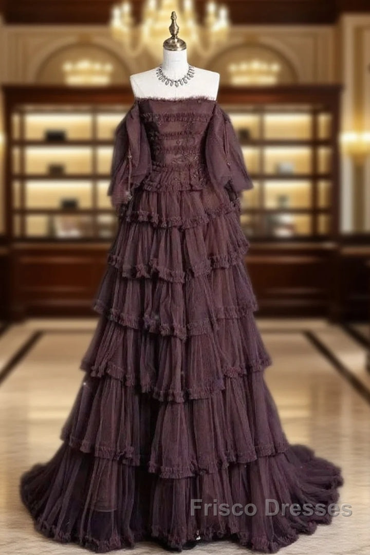 Chic Ball Gown Off The Shoulder Long Sleeves Evening Dress Tulle Long Formal Prom Dress