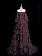 Chic Ball Gown Off The Shoulder Long Sleeves Evening Dress Tulle Long Prom Dresses