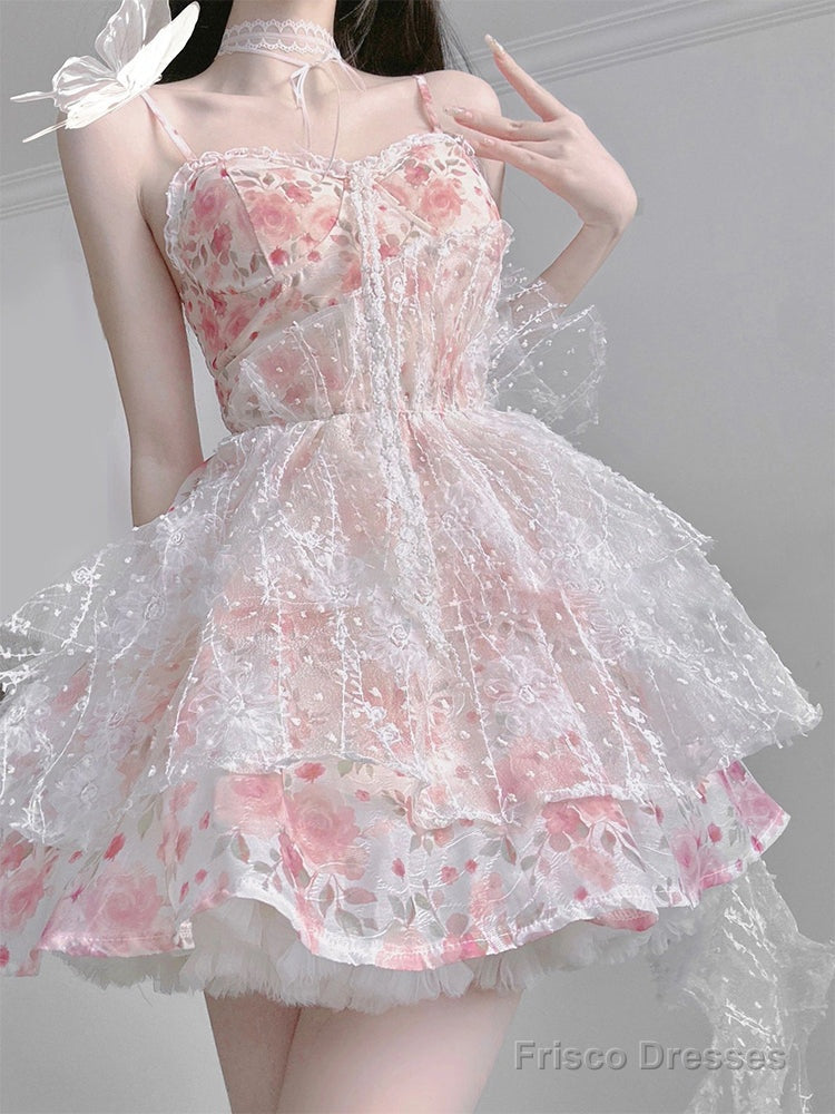Chic Ball Gown Spaghetti Straps Lolita Dress Pink Birthday Dresses Birthday Outfits