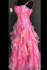 Chic Ball Gown Spaghetti Straps Pink Satin Evening Dress Long Prom Dresses With Embroidered