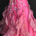 Chic Ball Gown Spaghetti Straps Pink Satin Formal Dress Long Formal Prom Dress With Embroidered