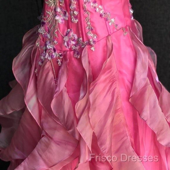 Chic Ball Gown Spaghetti Straps Pink Satin Formal Dress Long Formal Prom Dress With Embroidered