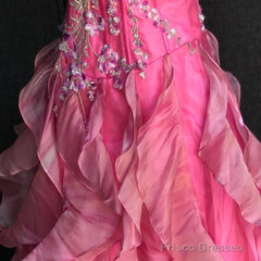 Chic Ball Gown Spaghetti Straps Pink Satin Evening Dress Long Prom Dresses With Embroidered