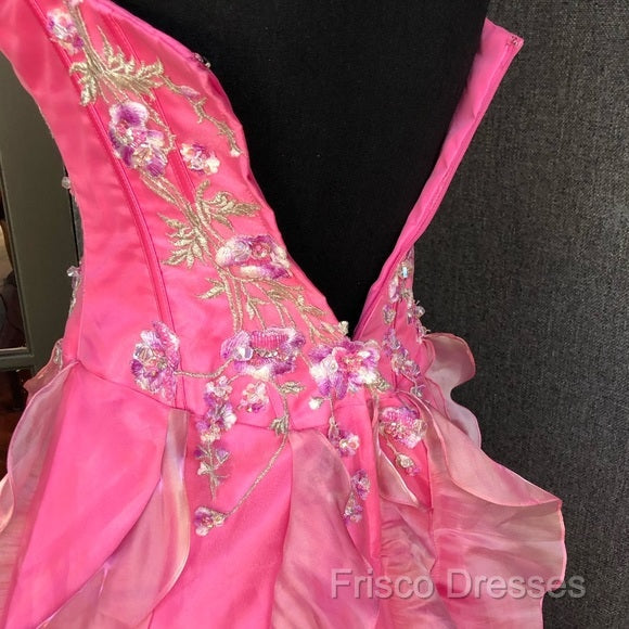 Chic Ball Gown Spaghetti Straps Pink Satin Formal Dress Long Formal Prom Dress With Embroidered