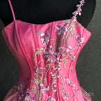 Chic Ball Gown Spaghetti Straps Pink Satin Formal Dress Long Formal Prom Dress With Embroidered