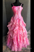 Chic Ball Gown Spaghetti Straps Pink Satin Formal Dress Long Formal Prom Dress With Embroidered