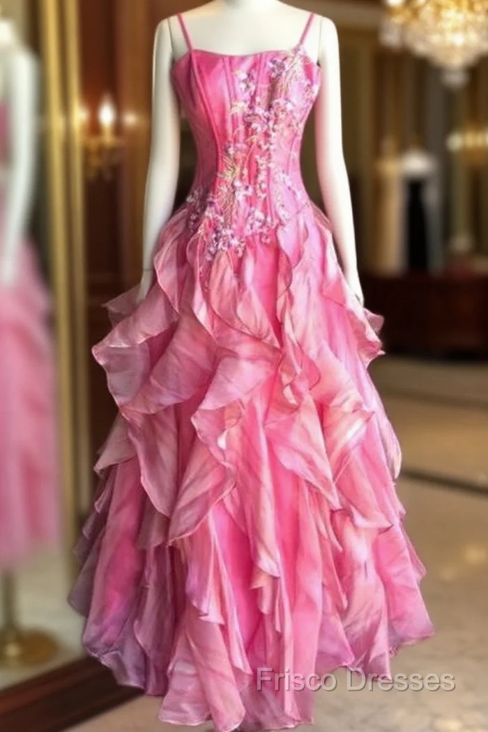 Chic Ball Gown Spaghetti Straps Pink Satin Formal Dress Long Formal Prom Dress With Embroidered