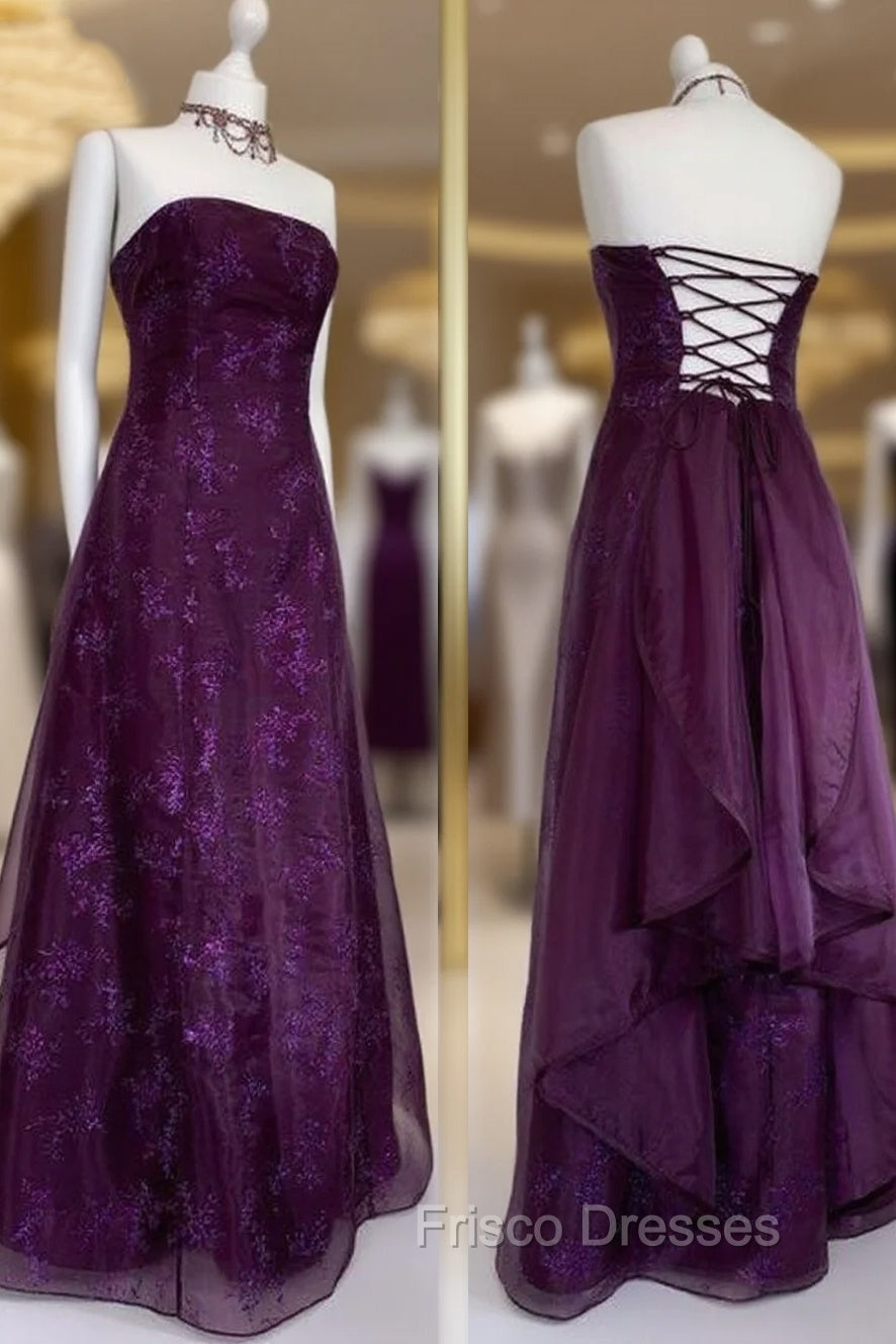 Chic Ball Gown Strapless Grape Tulle Evening Dress Long Formal Prom Dress Main image
