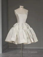 Chic Ball Gown Straps White Satin Homecoming Dress Birthday Dress Birthday Outfits