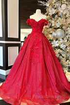 Chic Ball Gown V Neck Beads Appliques Red Off-the-Shoulder Long Quinceanera Dress With Petticoat