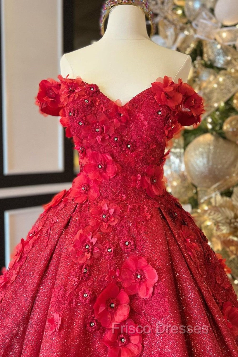 Chic Ball Gown V Neck Beads Appliques Red Off-the-Shoulder Long Quinceanera Dress With Petticoat