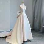 Chic Ball Gown V neckline Sleeveless Ivory Satin Long Wedding Dress With Bow
