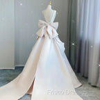 Chic Ball Gown V neckline Sleeveless Ivory Satin Long Wedding Dress With Bow