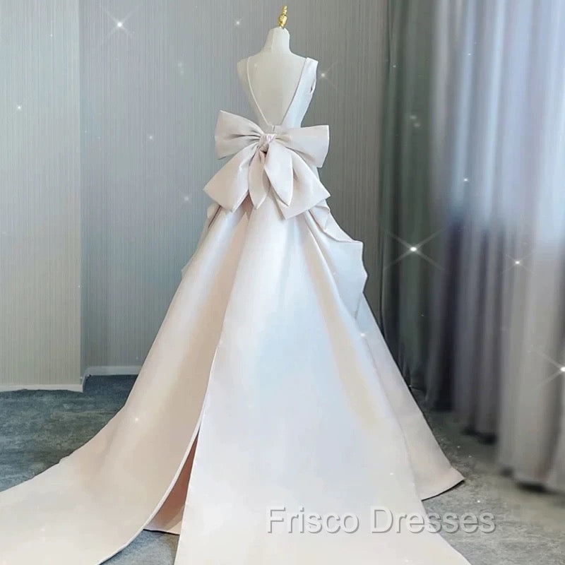 Chic Ball Gown V neckline Sleeveless Ivory Satin Long Wedding Dress With Bow