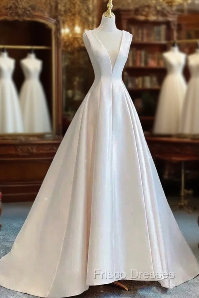 Chic Ball Gown V neckline Sleeveless Ivory Satin Long Wedding Dress With Bow Main image