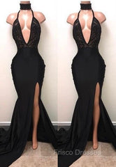 Chic Black High Neck Lace Front Split Mermaid Formal Prom Party Gowns