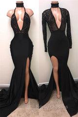 Chic Black High Neck Lace Front Split Mermaid Formal Prom Party Gowns