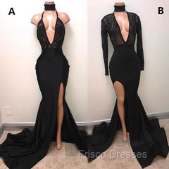 Chic Black High Neck Lace Front Split Mermaid Formal Prom Party Gowns