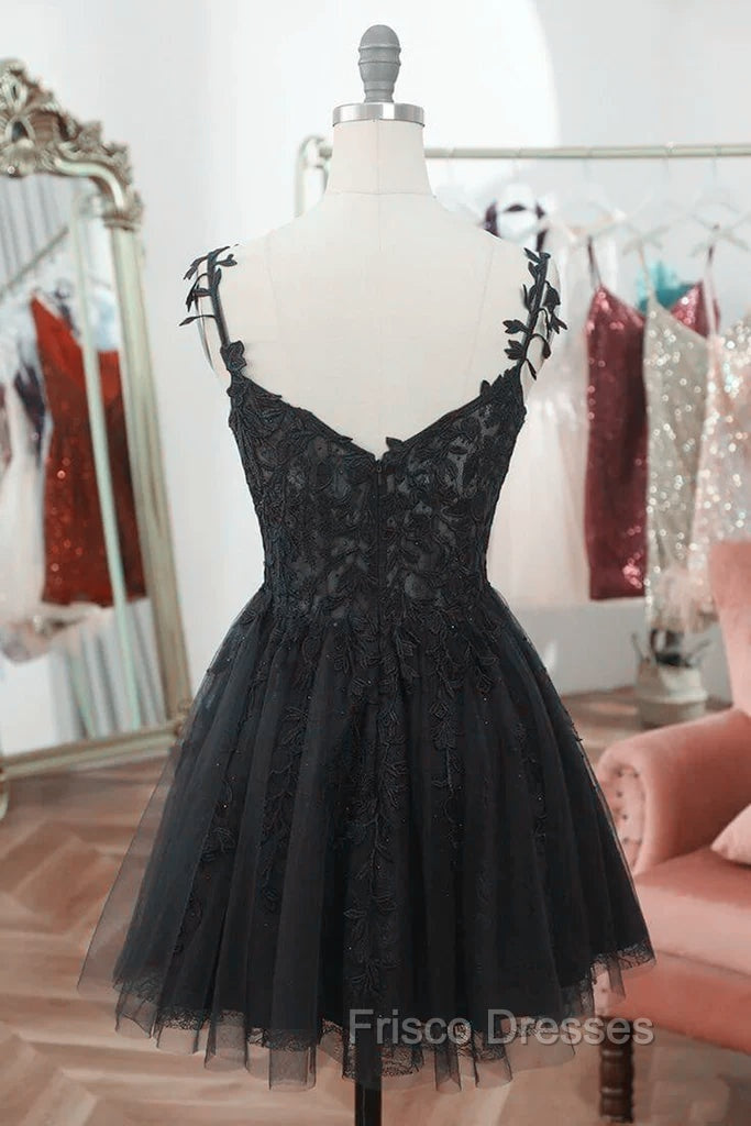 Chic Black Lace Straps Tulle Short Party Drss, Black Sweetheart Homecoming Dress Secondary image