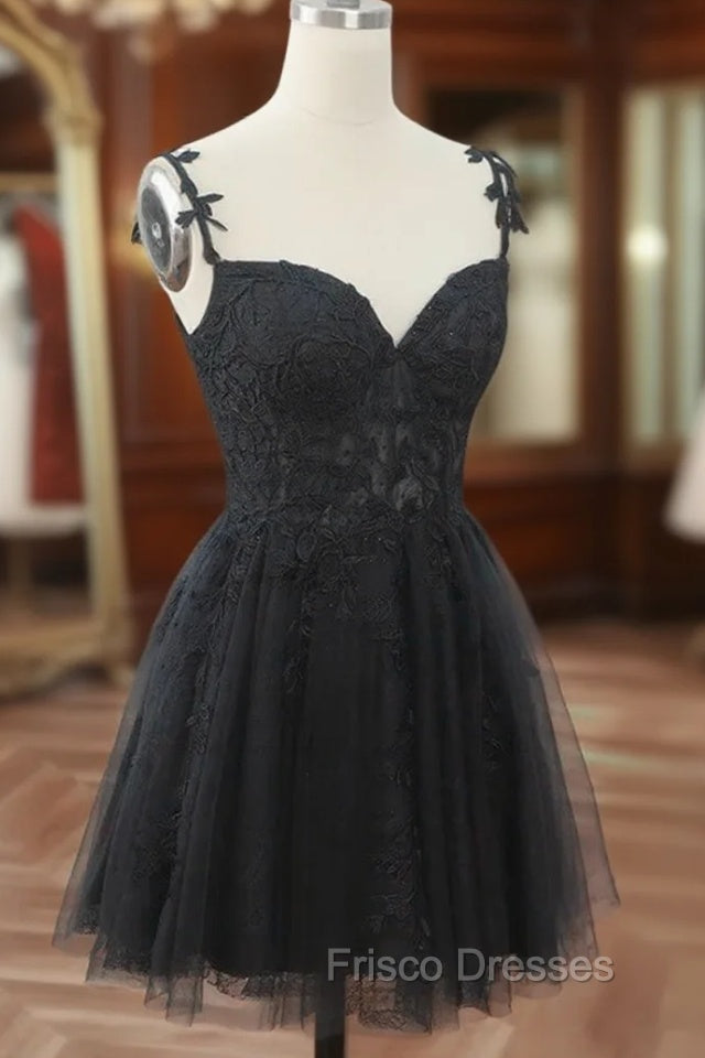 Chic Black Lace Straps Tulle Short Party Drss, Black Sweetheart Homecoming Dress Main image