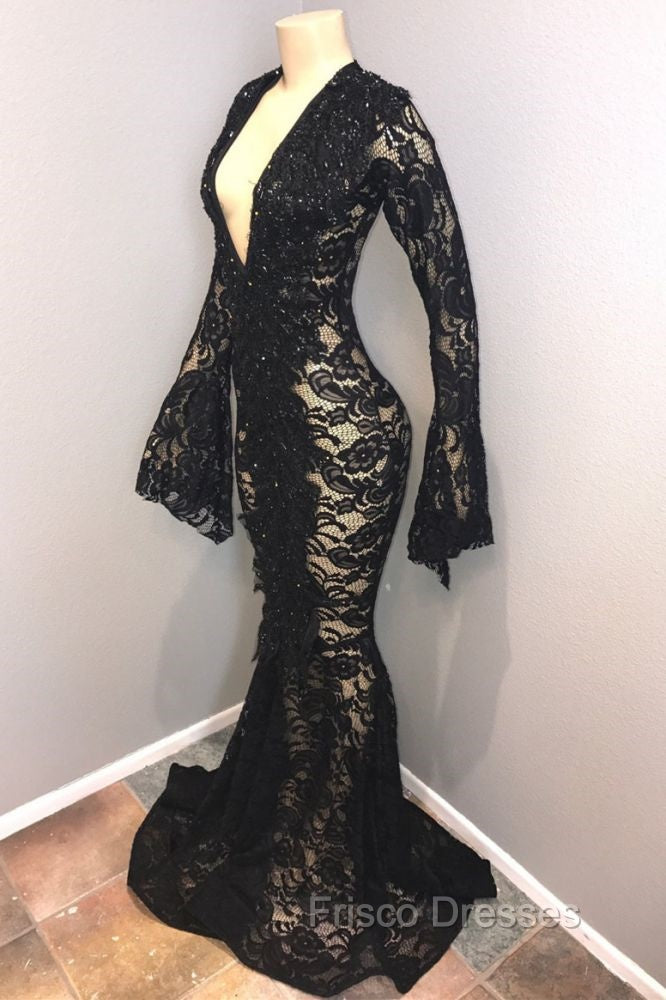 Chic Black Lace V-neck Long Sleevess Mermaid Formal Prom Dress Sheer Floor Length Evening Gowns Secondary image