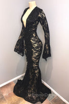 Chic Black Lace V-neck Long Sleevess Mermaid Formal Prom Dress Sheer Floor Length Evening Gowns