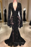 Chic Black Lace V-neck Long Sleevess Mermaid Formal Prom Dress Sheer Floor Length Evening Gowns