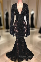 Chic Black Lace V-neck Long Sleevess Mermaid Formal Prom Dress Sheer Floor Length Evening Gowns