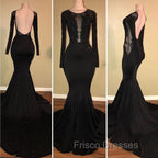 Chic Black Mermaid Formal Prom Party GownsLong Sleeves With Lace Appliques