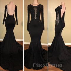 Chic Black Mermaid Formal Prom Party GownsLong Sleeves With Lace Appliques