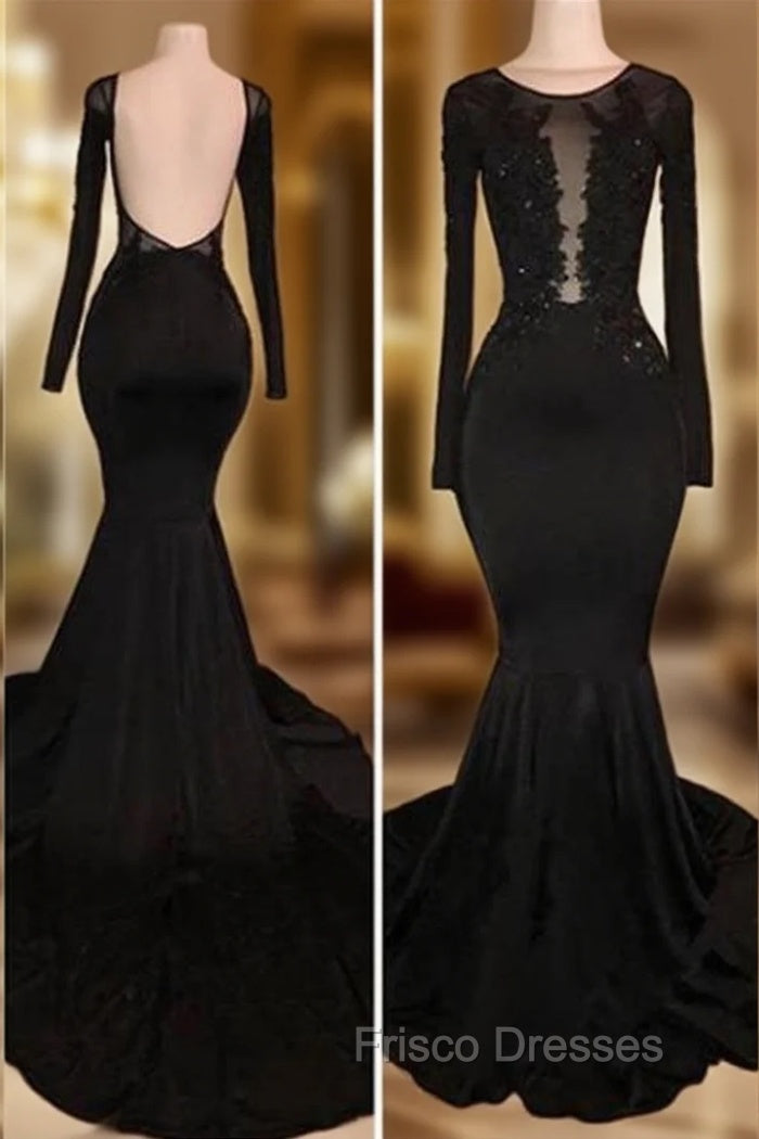 Chic Black Mermaid Formal Prom Party GownsLong Sleeves With Lace Appliques Main image