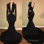 Chic Black Formal Prom Dress Mermaid Long Sleeves Evening Dress