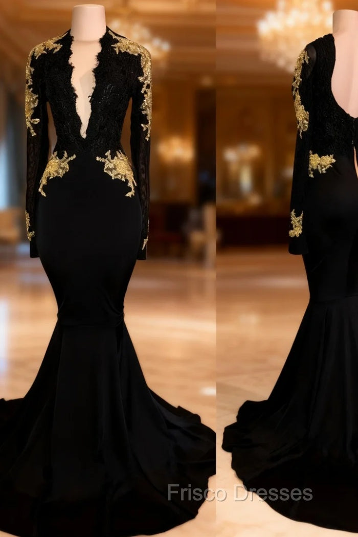 Chic Black Formal Prom Dress Mermaid Long Sleeves Evening Dress Main image