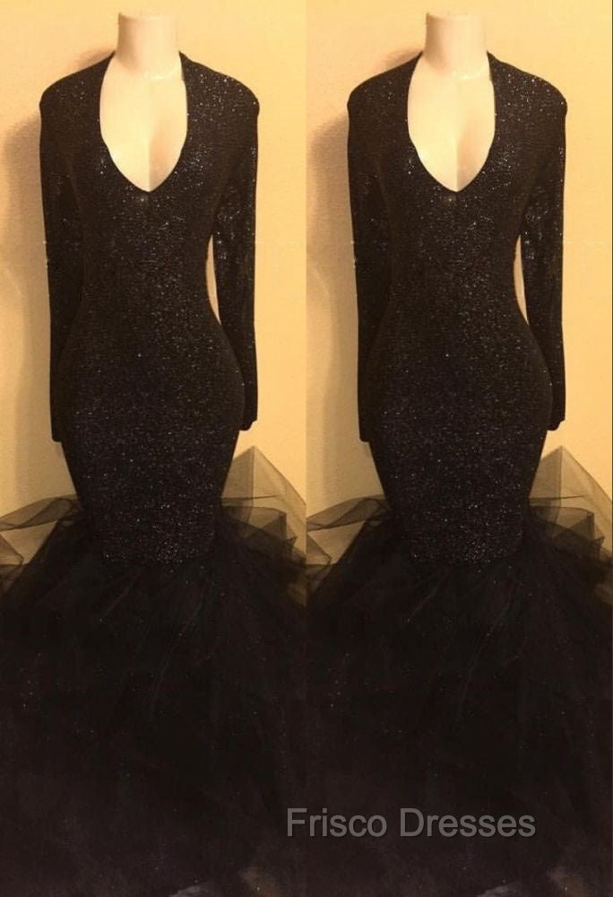 Chic black sequins Formal Prom Dress, ruffles evening Dress