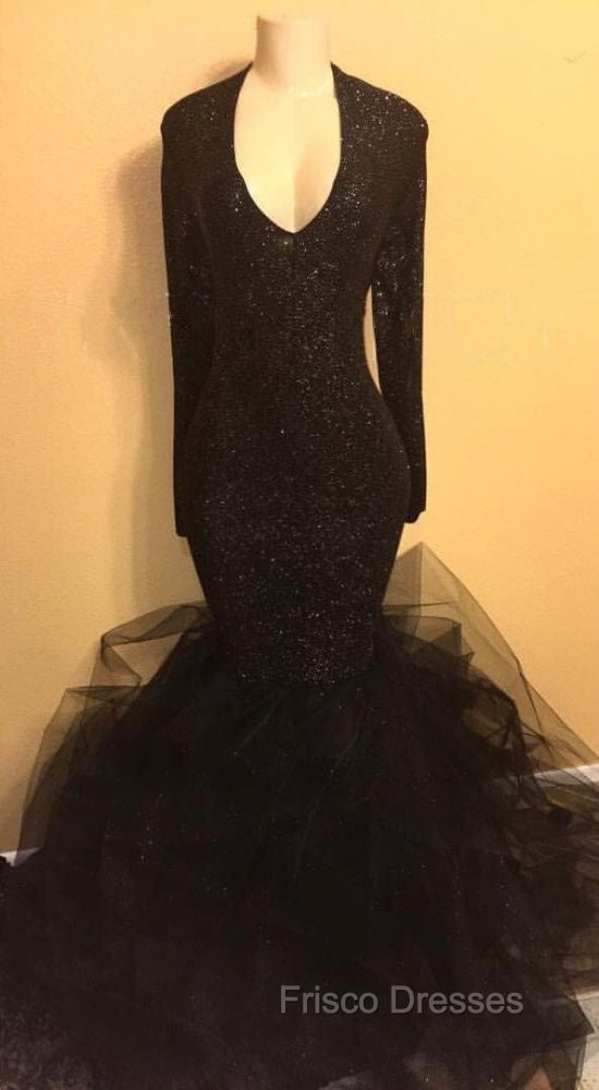 Chic black sequins Formal Prom Dress, ruffles evening Dress