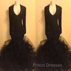 Chic black sequins Formal Prom Dress, ruffles evening Dress