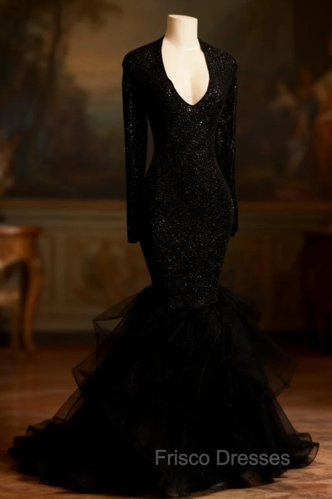 Chic black sequins Formal Prom Dress, ruffles evening Dress Main image