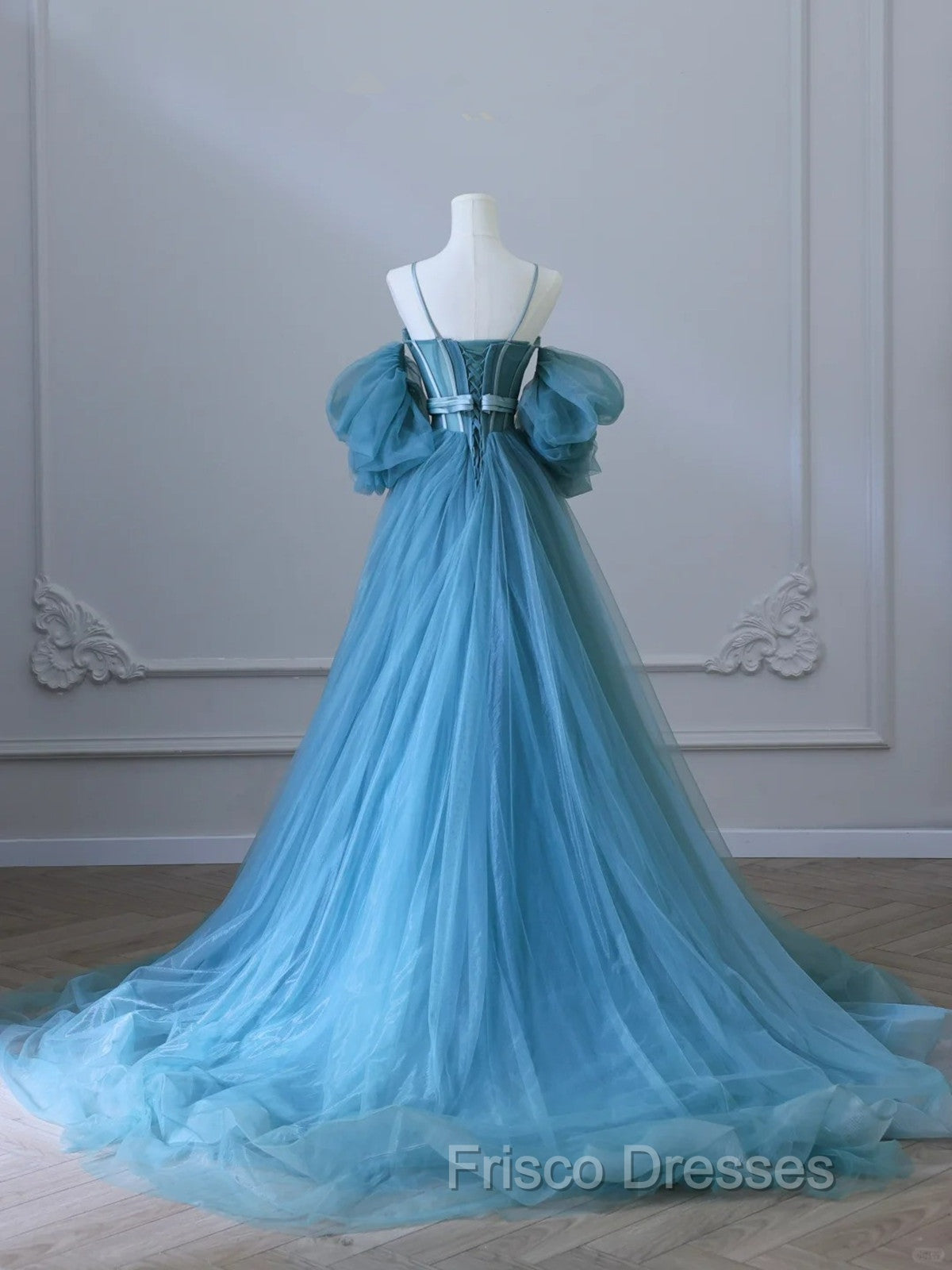 Chic Blue Sweetheart Straps Off Shoulder Tulle Formal Dress, Blue Formal Prom Dress