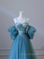 Chic Blue Sweetheart Straps Off Shoulder Tulle Formal Dress, Blue Formal Prom Dress