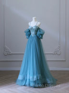 Chic Blue Sweetheart Straps Off Shoulder Tulle Formal Dress, Blue Formal Prom Dress
